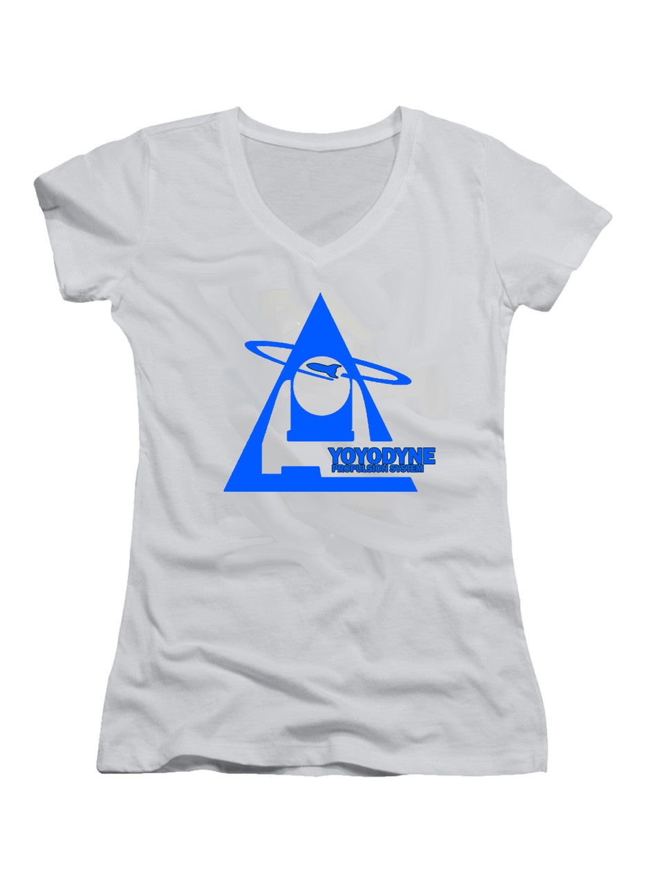 White Yoyodyne Logo Juniors V-Neck T-Shirt