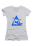 White Yoyodyne Logo Juniors V-Neck T-Shirt