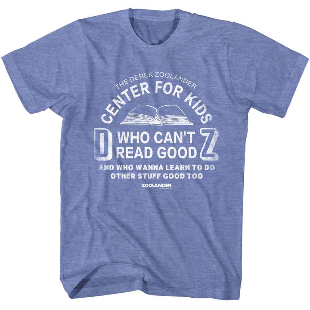 Heather Light Blue Zoolander t-shirt featuring a Center for Kids Who Can't Read Good design