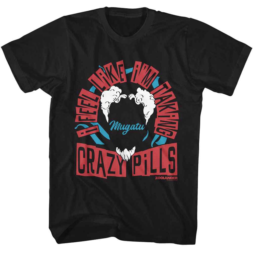 Black Zoolander t-shirt featuring a Crazy Pills design