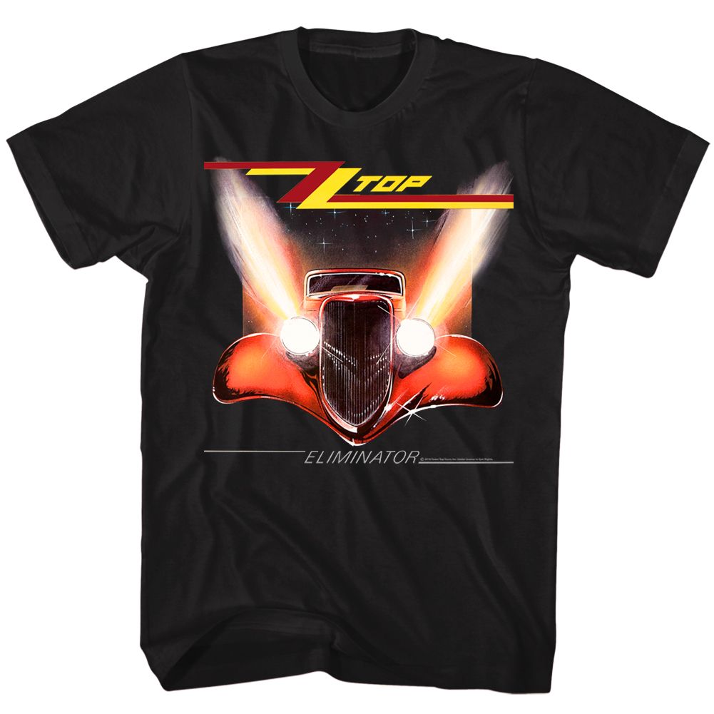 Black ZZ Top t-shirt featuring a Eliminator Cover design