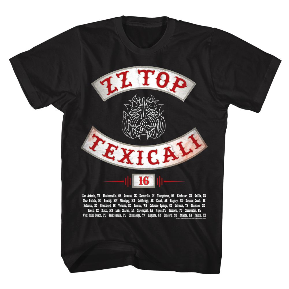 Black ZZ Top t-shirt featuring a Texicali design