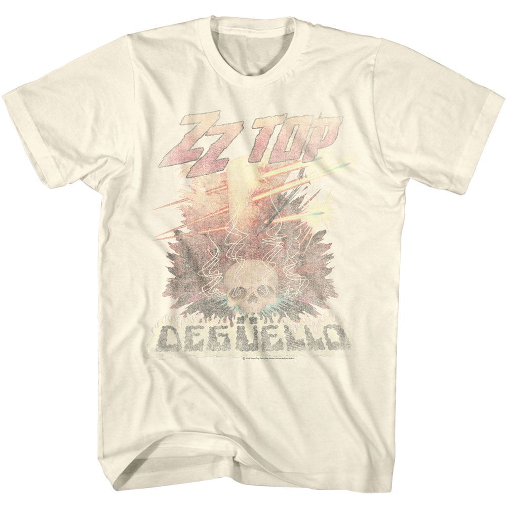 Natural ZZ Top t-shirt featuring a Deguello Fade design