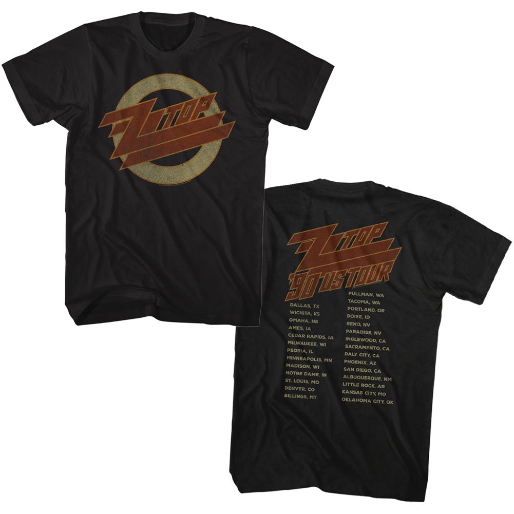 Black ZZ Top t-shirt featuring a 1990 US Tour design