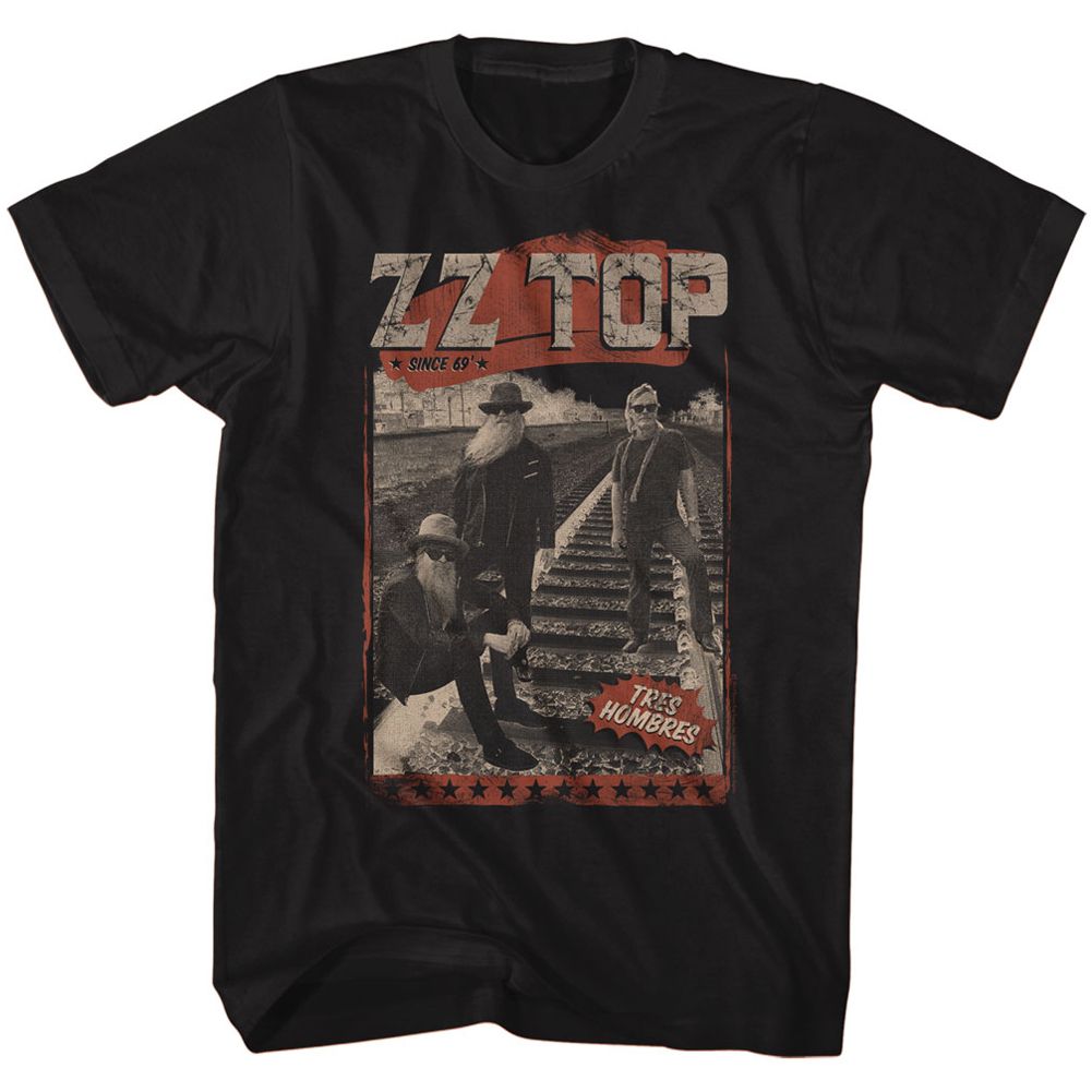 Black ZZ Top t-shirt featuring a Hombres Track design