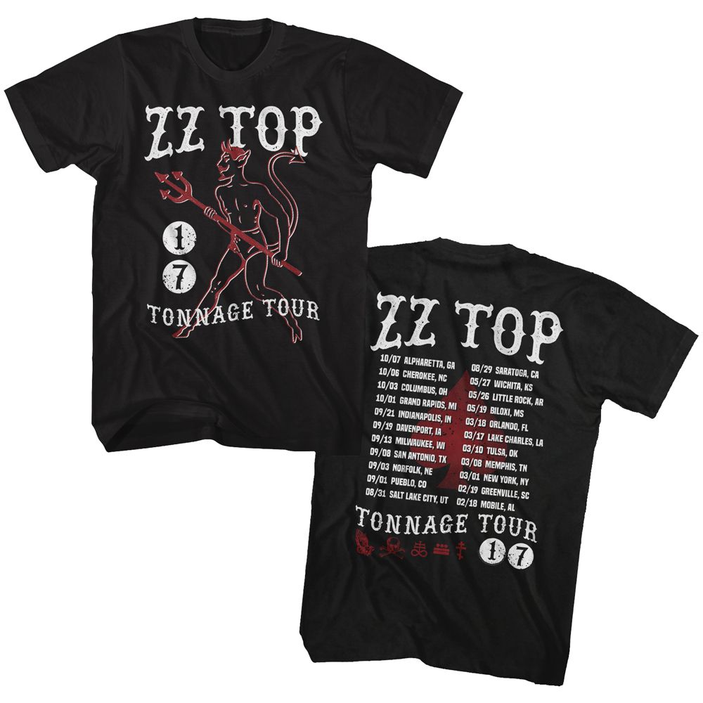 Black ZZ Top t-shirt featuring a Tonnage Tour 2017 design