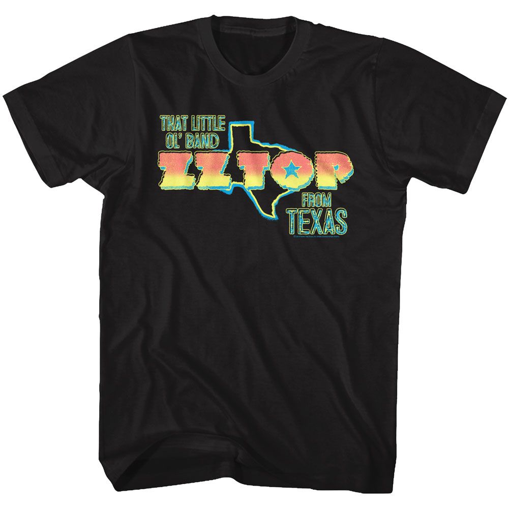 Black ZZ Top t-shirt featuring a Texas Band design
