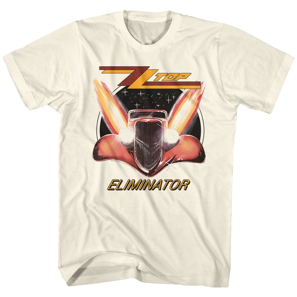 Natural ZZ Top t-shirt featuring a Eliminator Classic design
