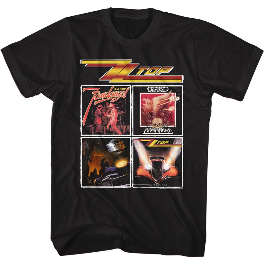 Black ZZ Top t-shirt featuring a Top Albums design