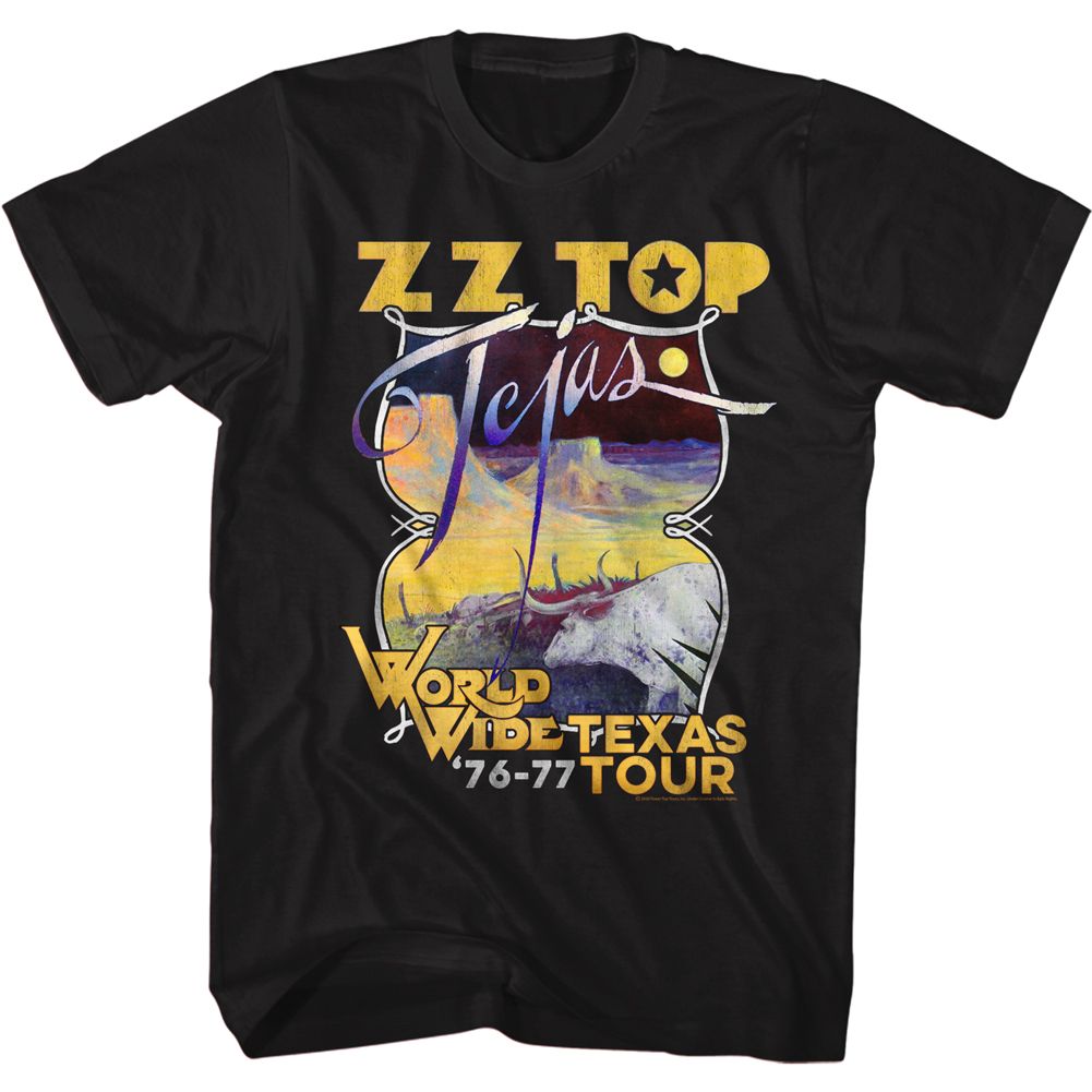 Black ZZ Top t-shirt featuring a Tejas Tour design