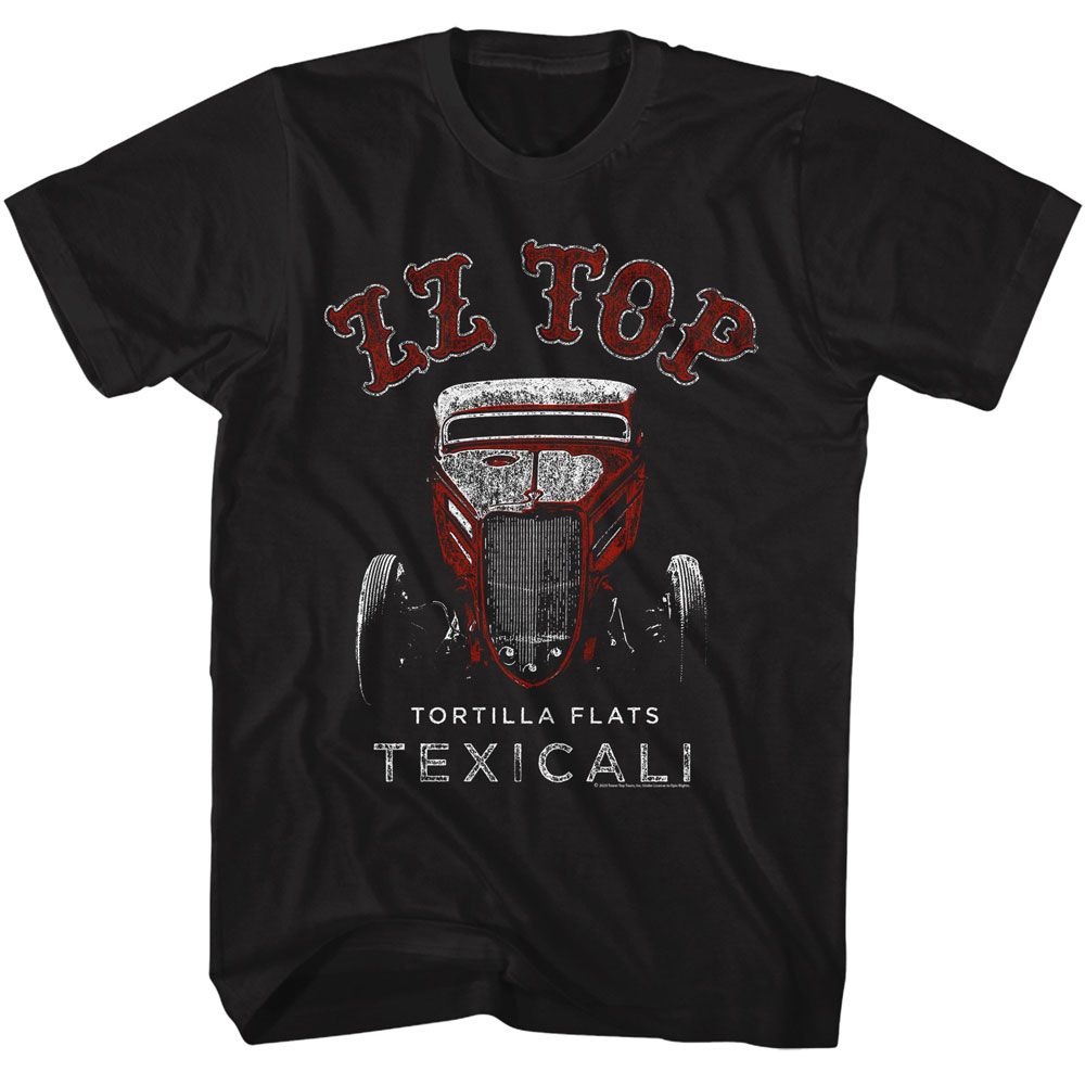Black ZZ Top t-shirt featuring a Tortilla Flats design