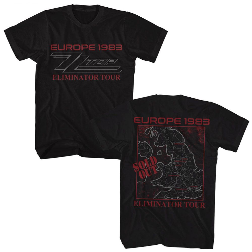 Black ZZ Top t-shirt featuring a Europe 1983 design
