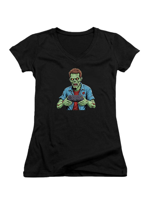 Black Zombie Gamer Juniors V-Neck T-Shirt