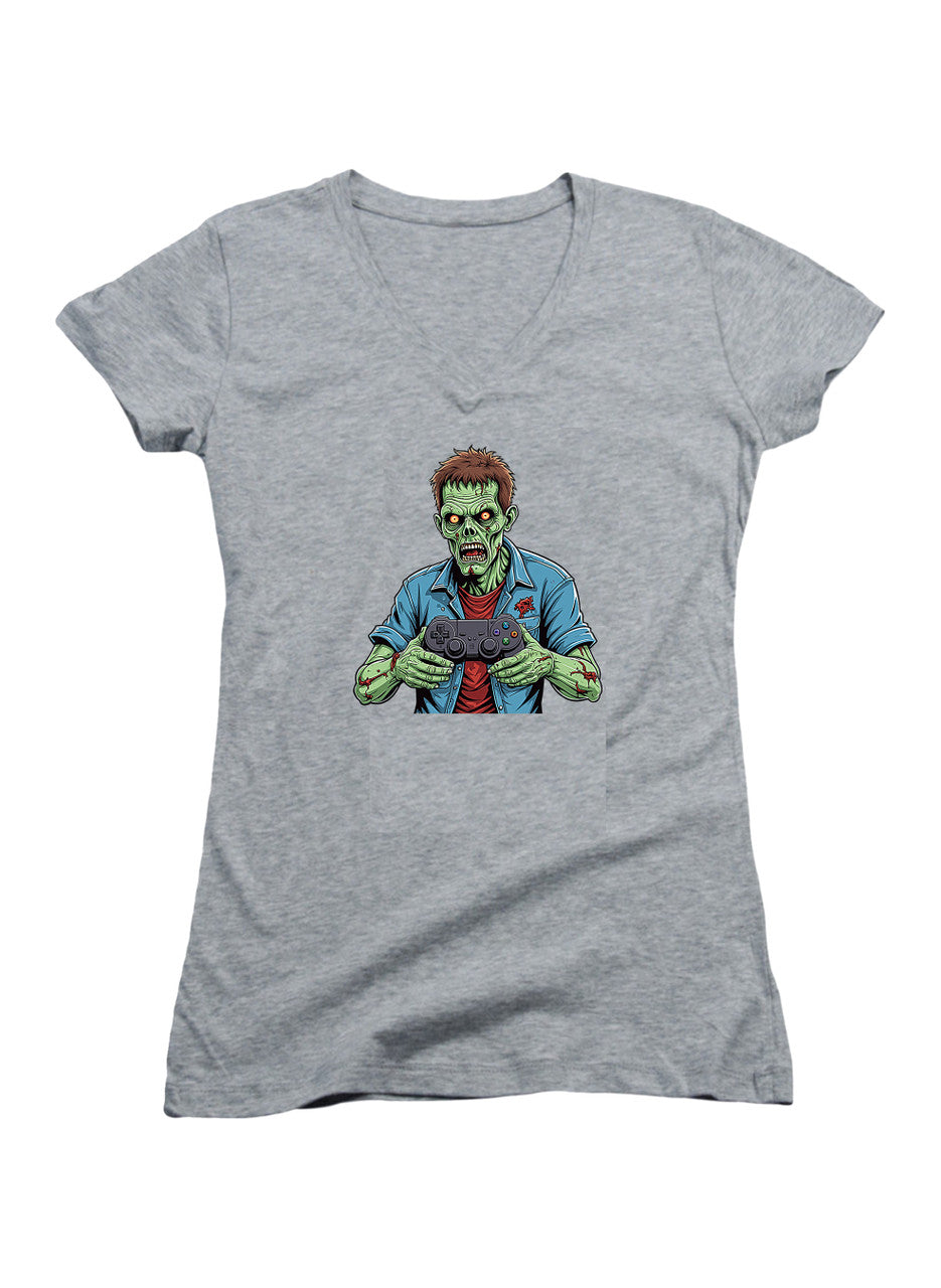 Gray Zombie Gamer Juniors V-Neck T-Shirt