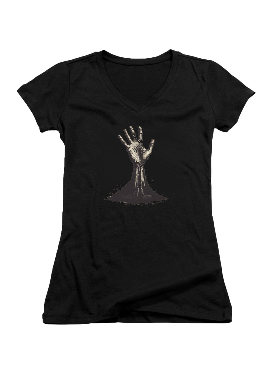 Black Zombie Hand Reaching Out Juniors V-Neck T-Shirt