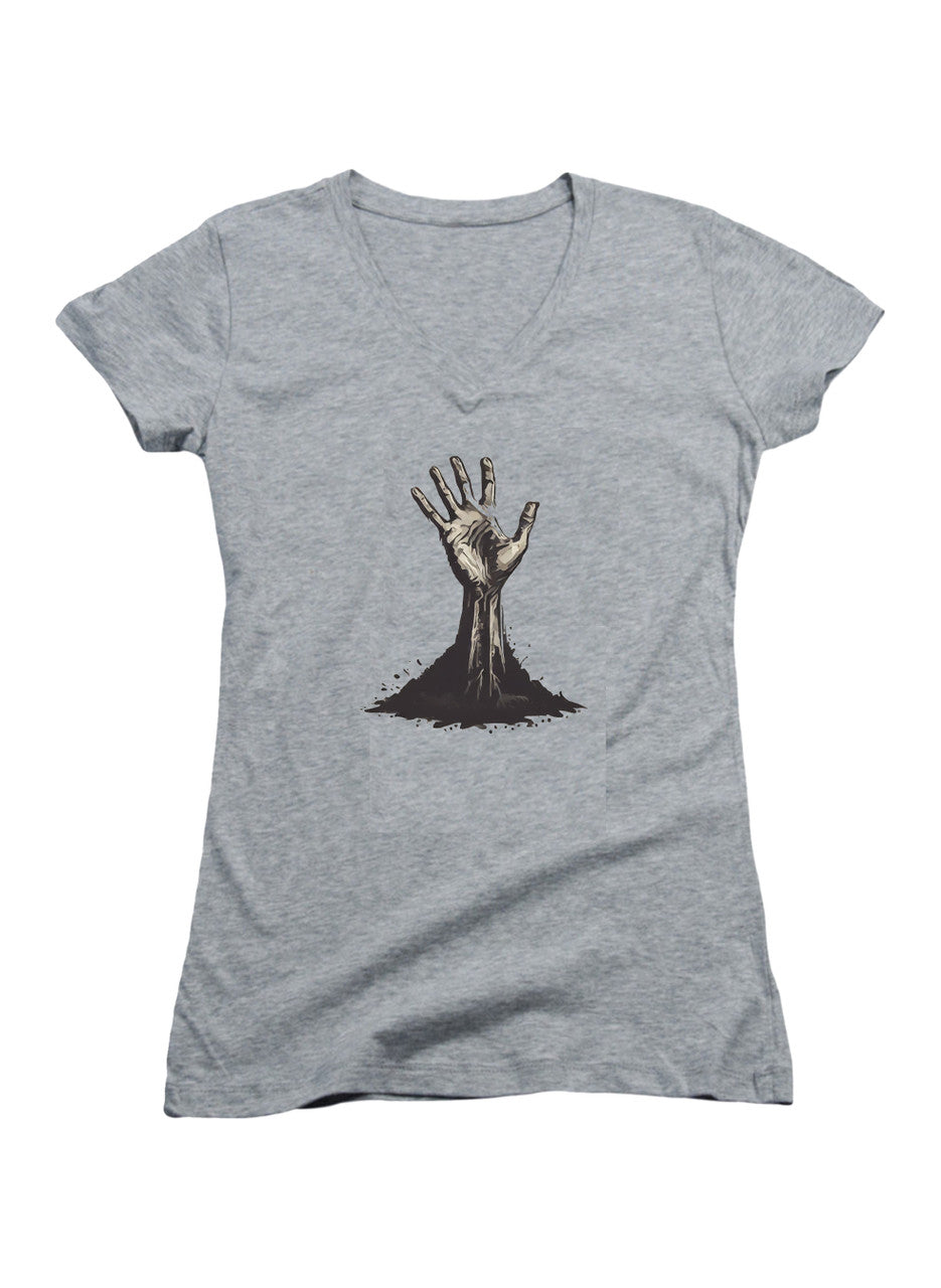 Gray Zombie Hand Reaching Out Juniors V-Neck T-Shirt