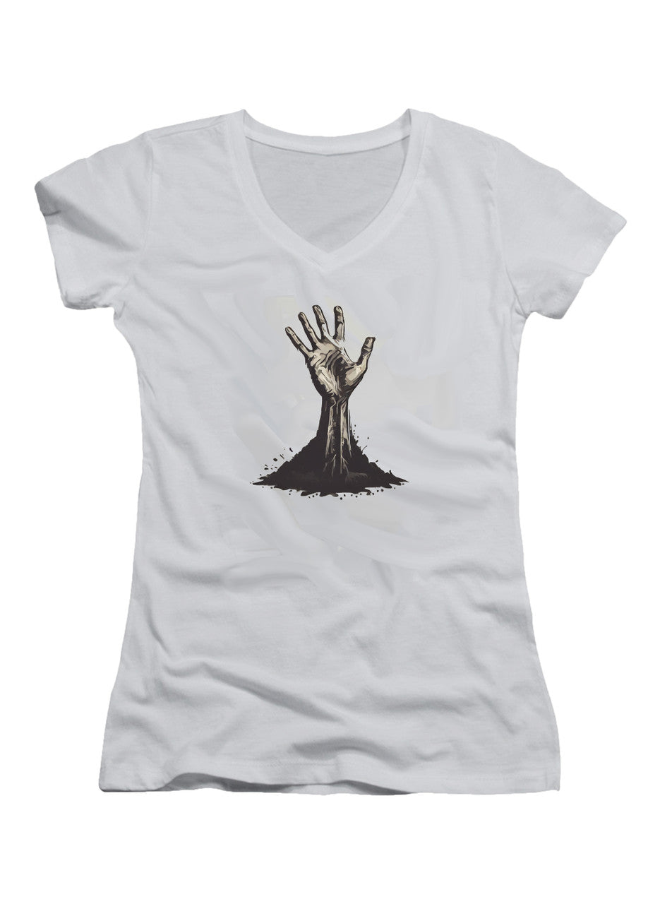 White Zombie Hand Reaching Out Juniors V-Neck T-Shirt
