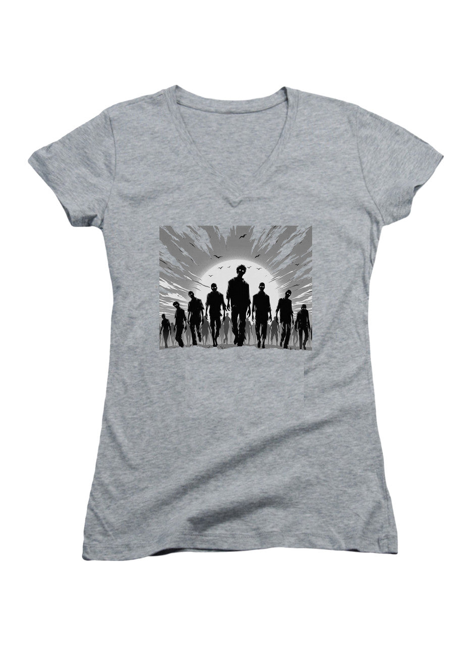 Gray Zombie Horde Silhouette Juniors V-Neck T-Shirt