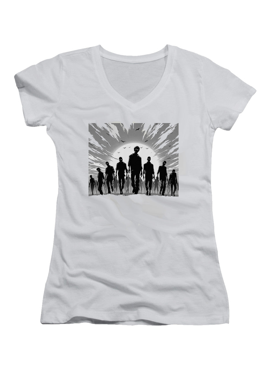 White Zombie Horde Silhouette Juniors V-Neck T-Shirt