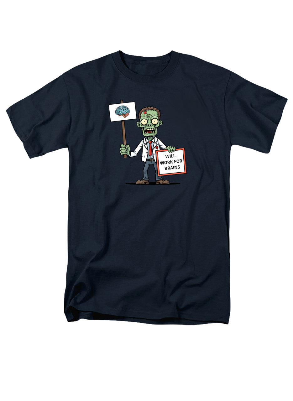 Navy Zombie Will Work for Brains T-Shirt