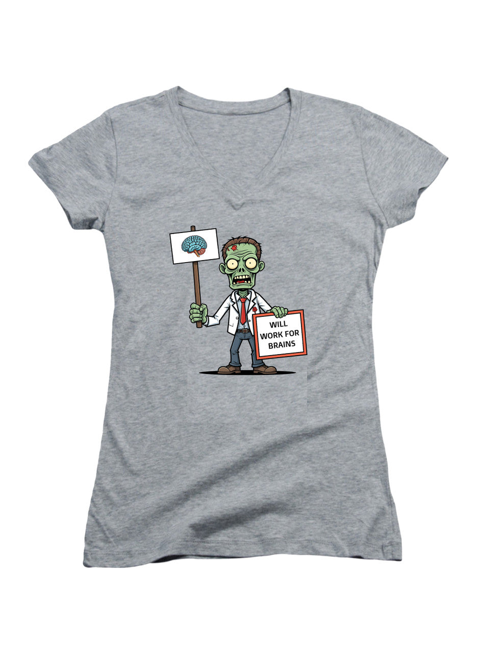Gray Zombie Will Work for Brains Juniors V-Neck T-Shirt