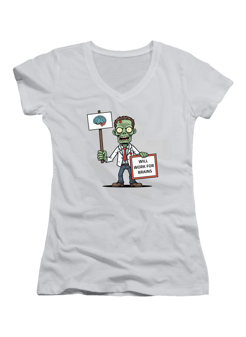 White Zombie Will Work for Brains Juniors V-Neck T-Shirt