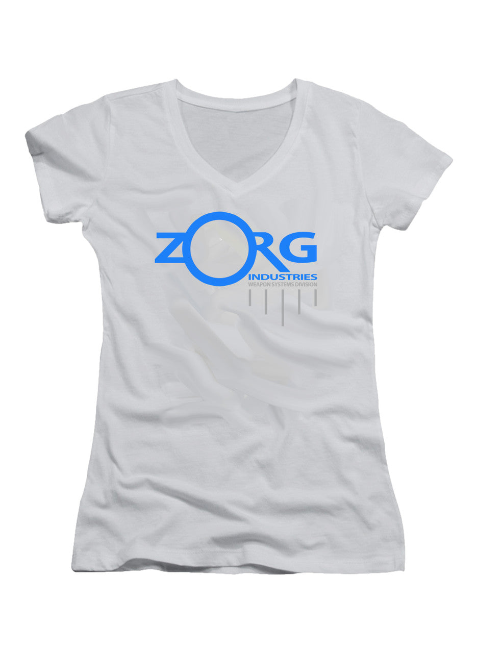 White Zorg Company Logo Juniors V-Neck T-Shirt
