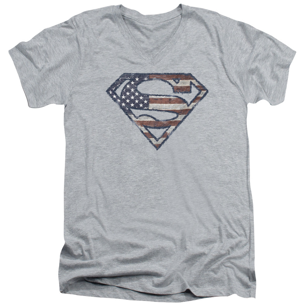 Superman Wartorn Flag Athletic Heather V-Neck T-Shirt