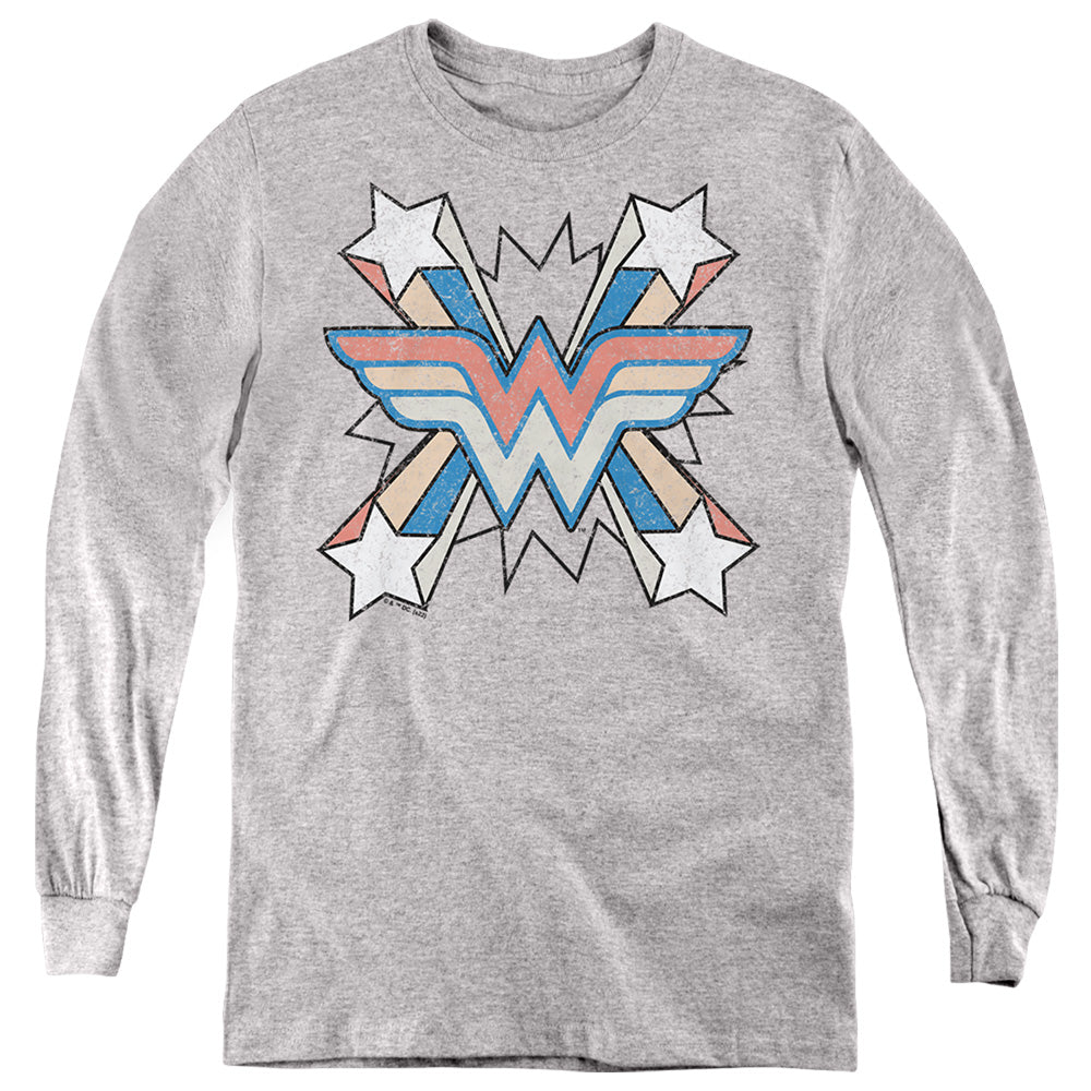 Wonder Woman Burst Emblem on Athletic Heather Youth Long Sleeve T-Shirt