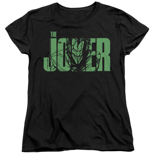The Batman Joker Text on Black Womens T-Shirt