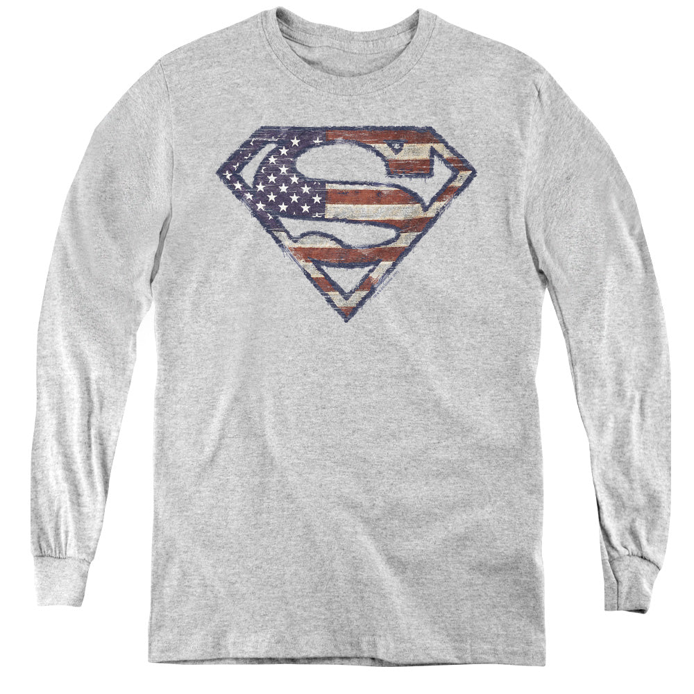 Superman Wartorn Flag Athletic Heather Youth Long Sleeve T-Shirt