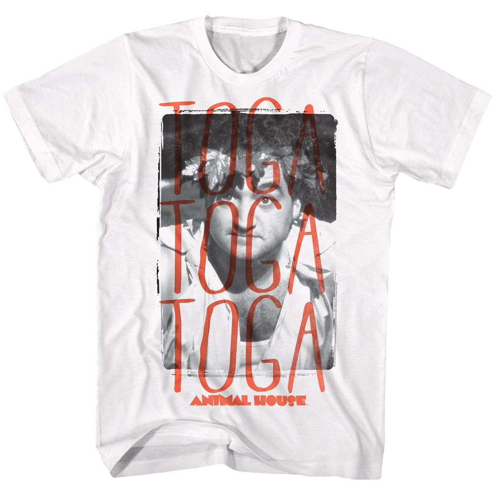 White Animal House t-shirt featuring Animal House Toga Toga Toga chant design