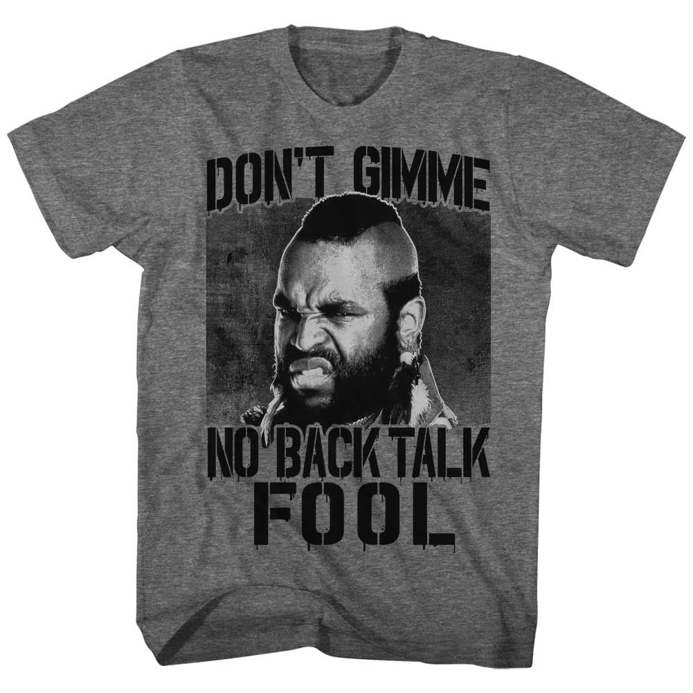 Graphite heather Mr. T t-shirt featuring Mr. T No Back Talk design