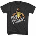 Black heather Mr. T t-shirt featuring Mr. T Hey Sucka catchphrase design
