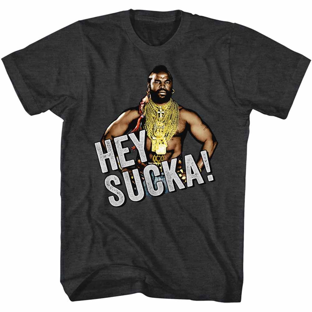 Black heather Mr. T t-shirt featuring Mr. T Hey Sucka catchphrase design