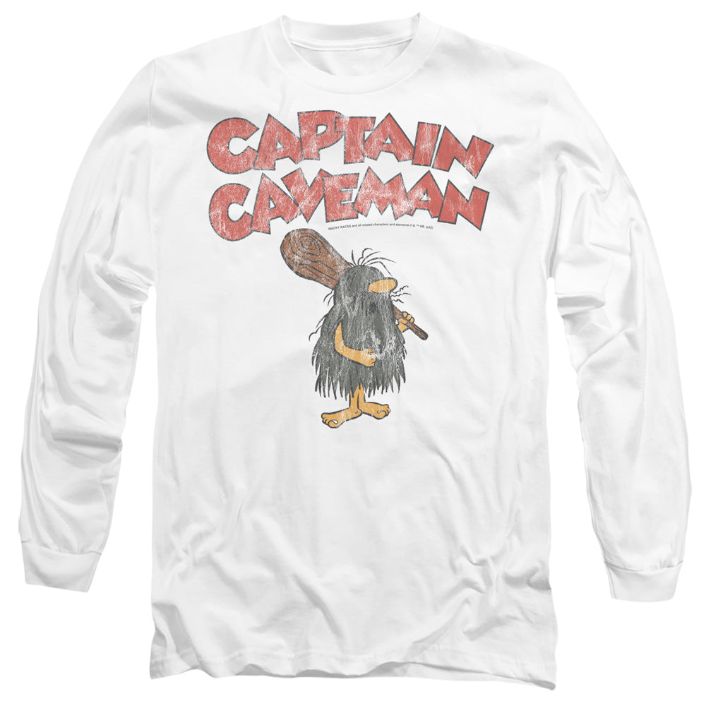 Captain Caveman Distressed Logo on White Long Sleeve T-Shirt