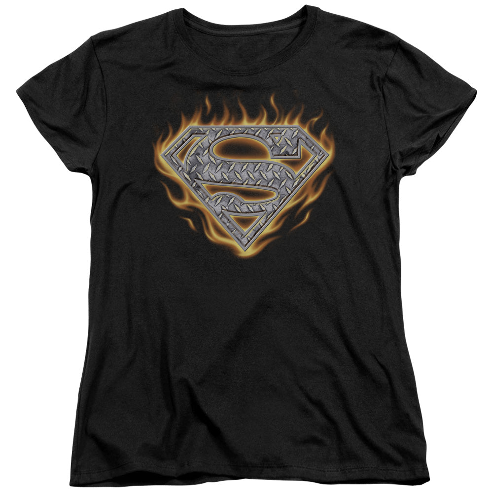 Superman Steel Fire Shield Womens T-Shirt