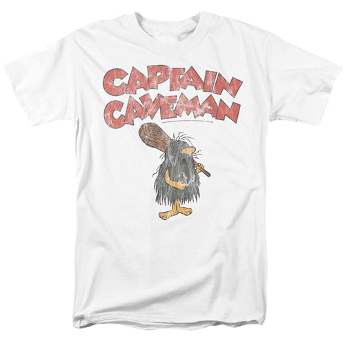 Captain Caveman Distressed Logo on White T-Shirt