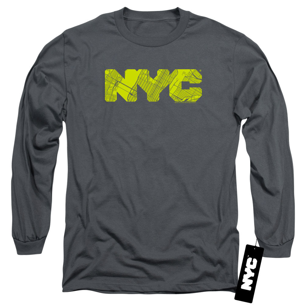 New York City Map Fill Charcoal Long Sleeve T-Shirt