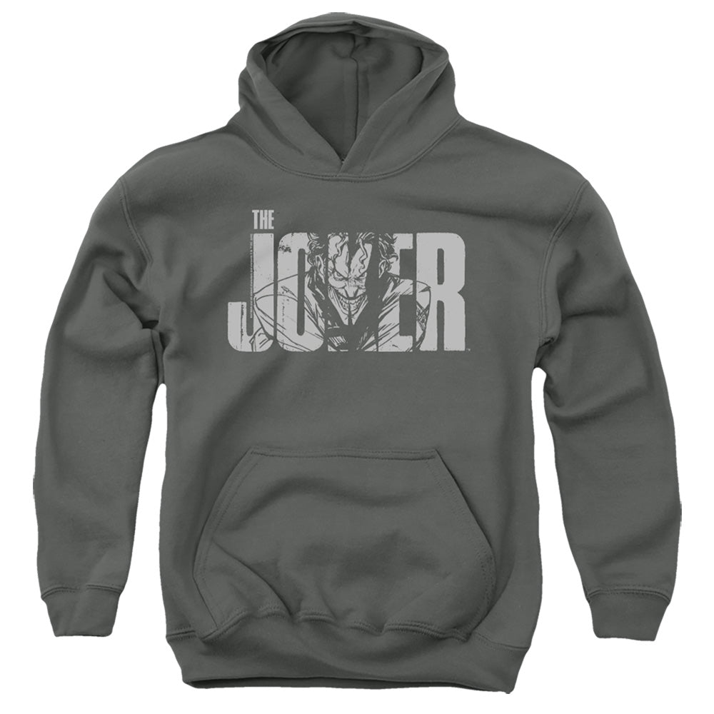 The Batman Joker Text on Gray Youth Hoodie