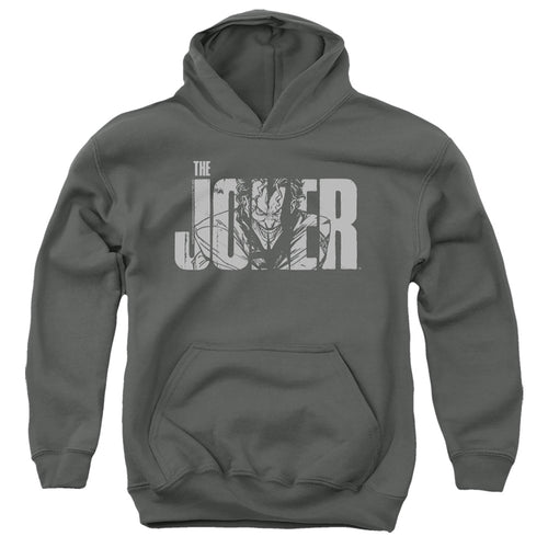The Batman Joker Text on Gray Youth Hoodie