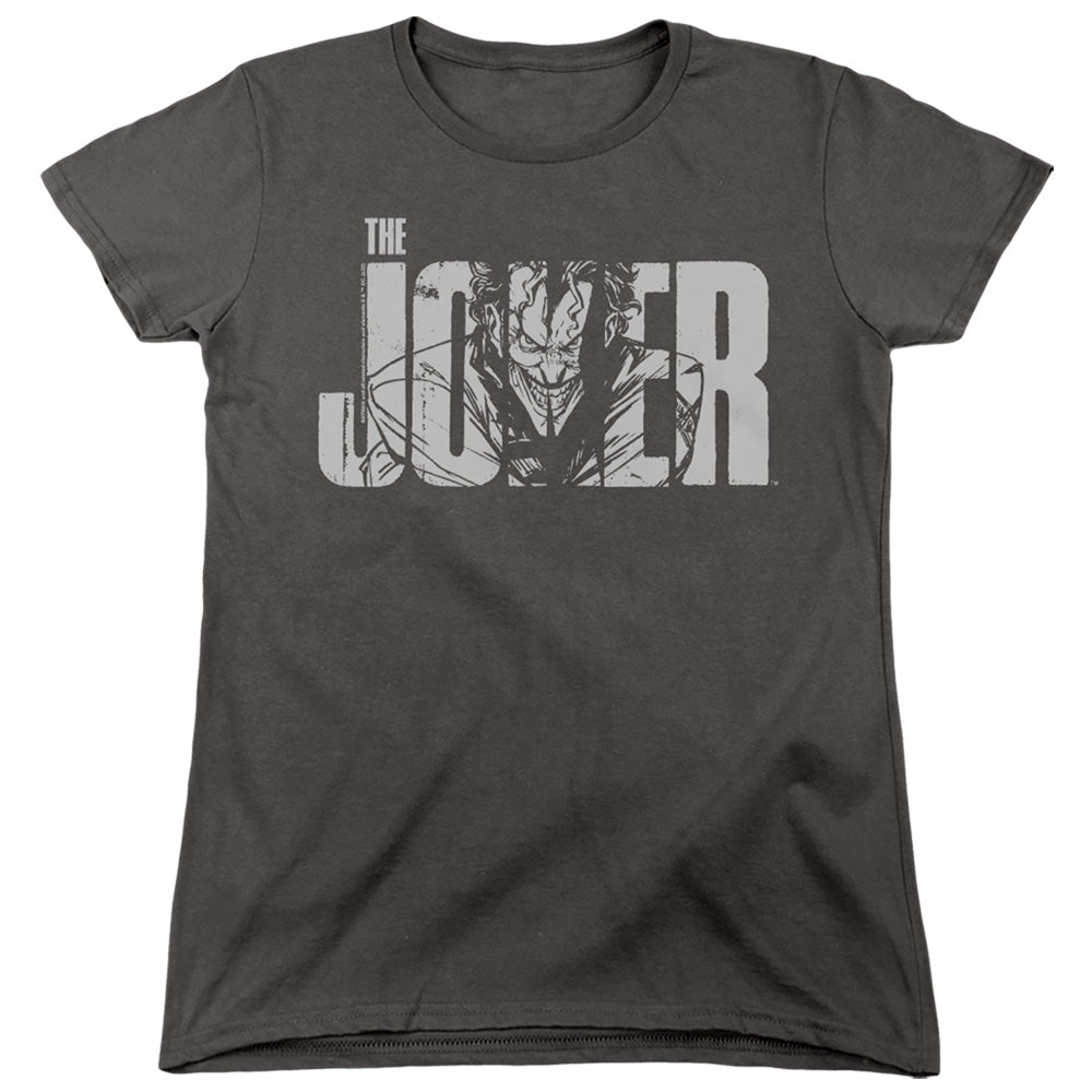 The Batman Joker Text on Gray Womens T-Shirt