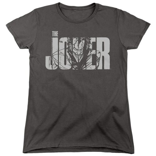 The Batman Joker Text on Gray Womens T-Shirt