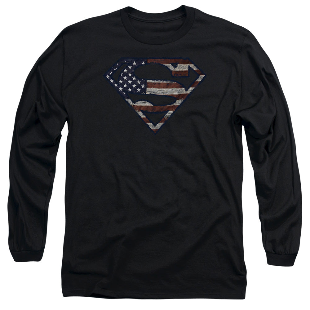 Superman Wartorn Flag Black Long Sleeve T-Shirt