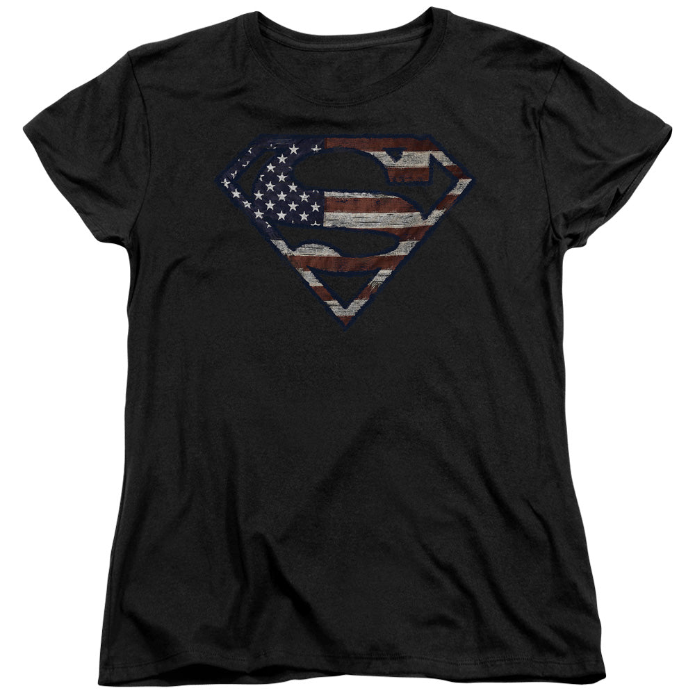 Superman Wartorn Flag Black Womens T-Shirt