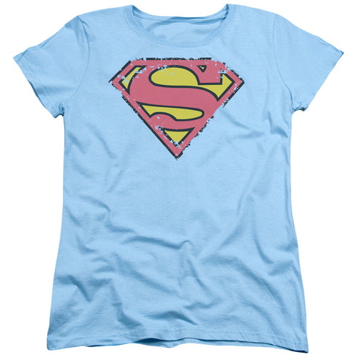 Superman Distressed Shield Light Blue Womens T-Shirt