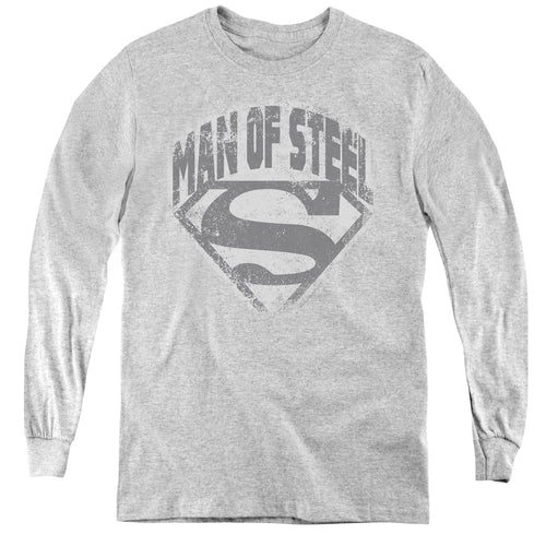 Superman Man of Steel Shield Athletic Heather Youth Long Sleeve T-Shirt