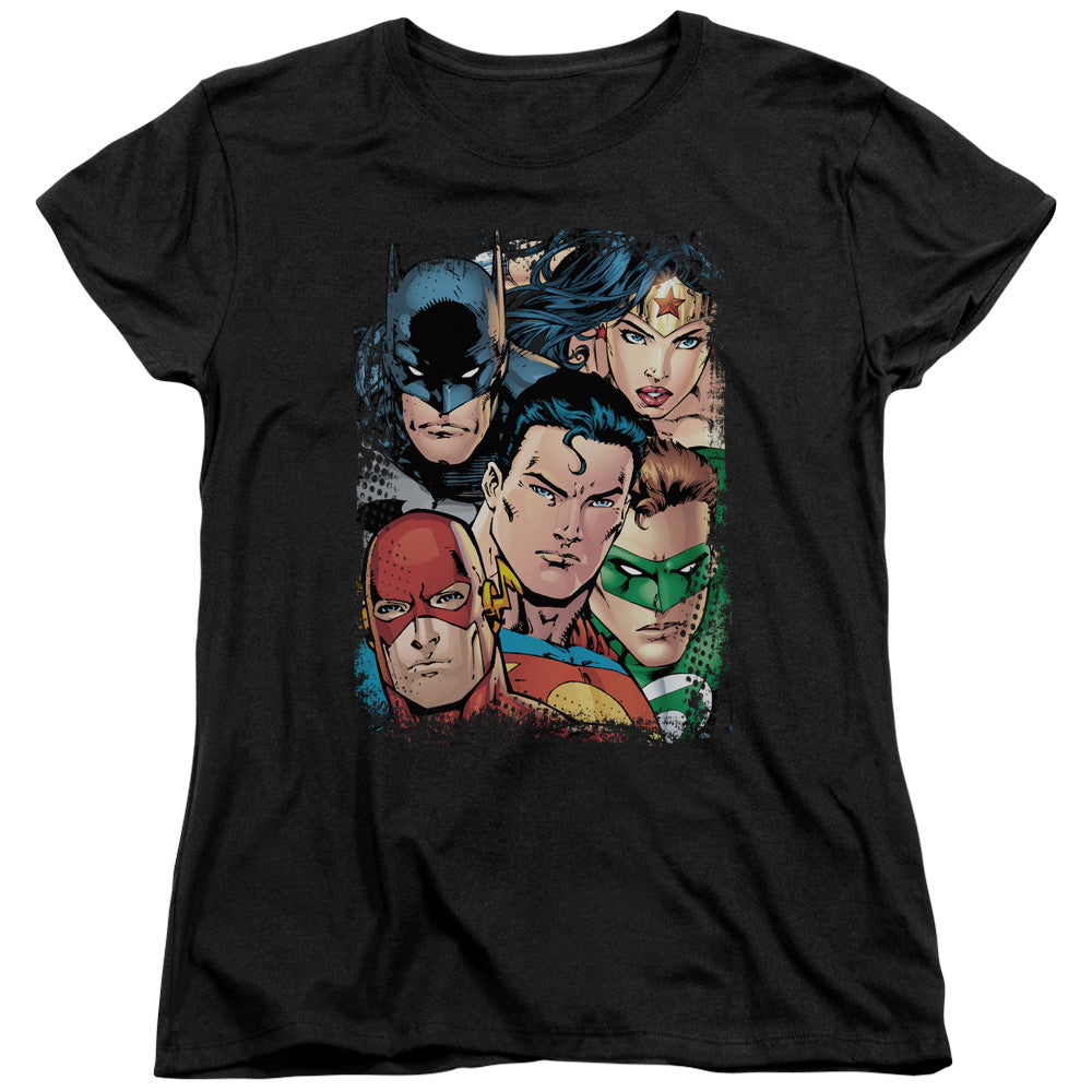 Justice League Up Close And Personal Womens T-Shirt