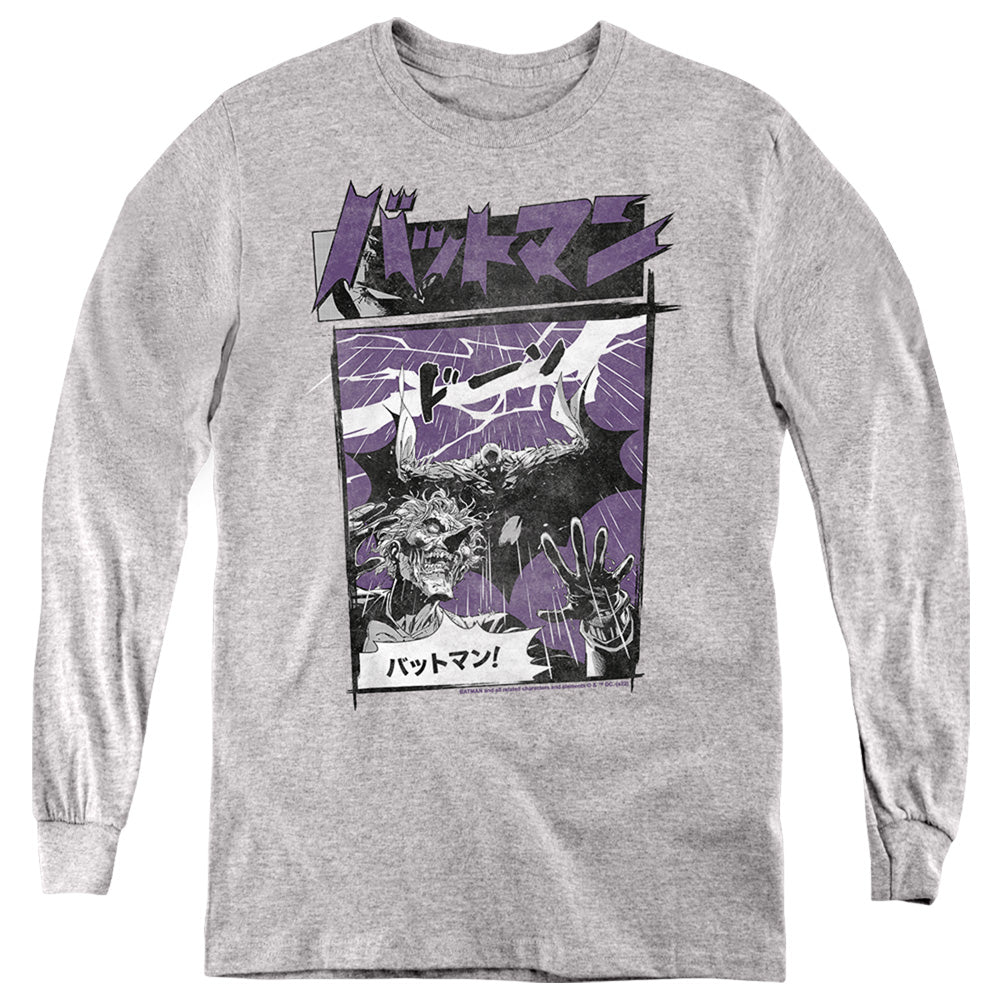 Batman Japanese Comic on Athletic Heather Youth Long Sleeve T-Shirt