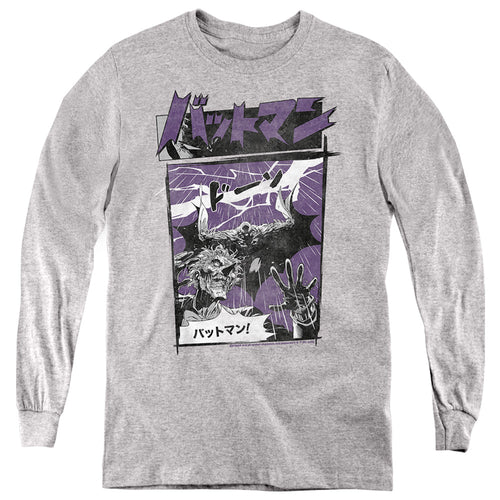 Batman Japanese Comic on Athletic Heather Youth Long Sleeve T-Shirt